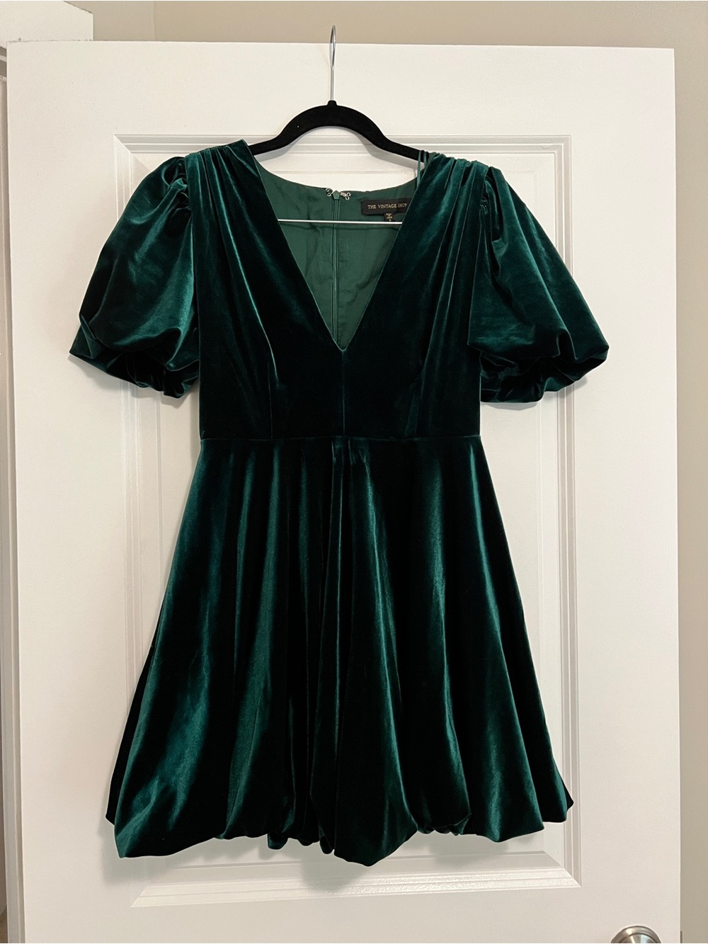 The Vintage Shop Deep Emerald Velvet Puff-Sleeve Mini Dress